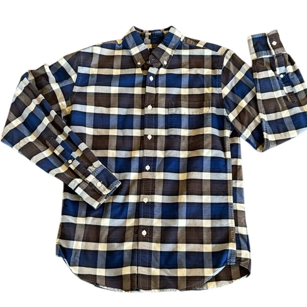 J Crew Slim Fit‎ Blue Brown Plaid Long Sleeve Button Up Shirt Size M
